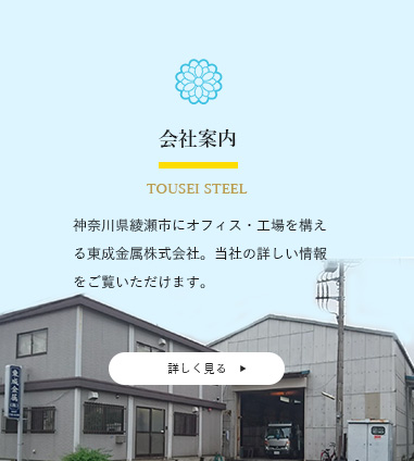 【会社案内】神奈川県綾瀬市にオフィス・工場を構える東成金属株式会社。当社の詳しい情報をご覧いただけます。詳しくみる